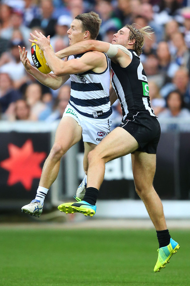 AFL 2016 NAB Challenge - Geelong v Collingwood Lincoln McCarthy marks strongly in front of Collingwood's Ben Sinclair during the NAB Challenge game at Simonds Stadium last month - ${keywords}